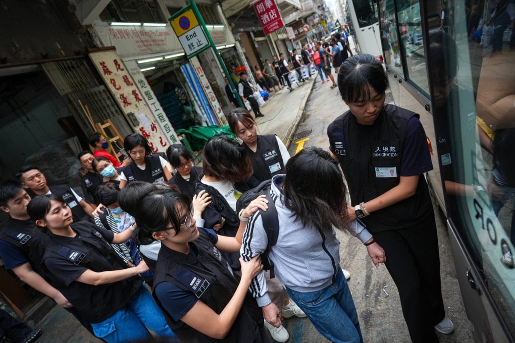 Hong Kong immigration officers arrest 15 illegal workers from mainland China in Yau Ma Tei. Photo: Eugene Lee