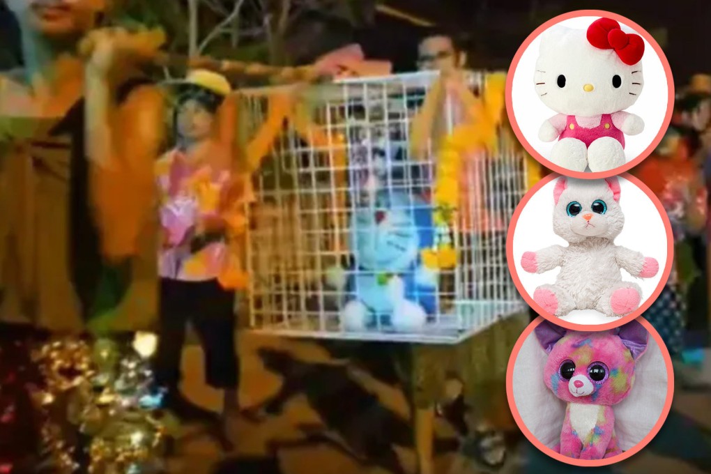 In an animal-friendly move, drought-hit farmers in Thailand have begun using cartoon cats like Doraemon and Hello Kitty to summon rain. Photo: SCMP composite/Shutterstock/QQ.com/Weibo