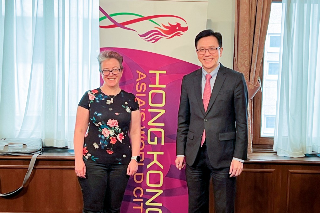 Hong Kong innovation chief Sun Dong (right) has met Claire Skentelbery, director general of European Association for Bioindustries, in Brussels. Photo: Handout