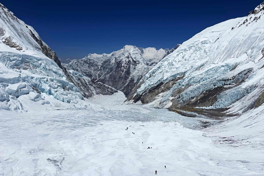 Mountaineers at the Khumbu Glacier during their ascend to Mount Everest’s summit on May 3. Photo: AFP