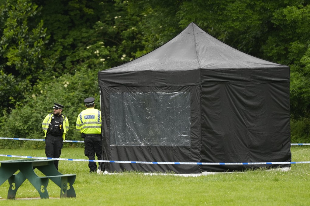A police tent is seen in Grenfell Park, in Maidenhead, England, on Wednesday close to where the body of Matthew Trickett was found. Photo: AP
