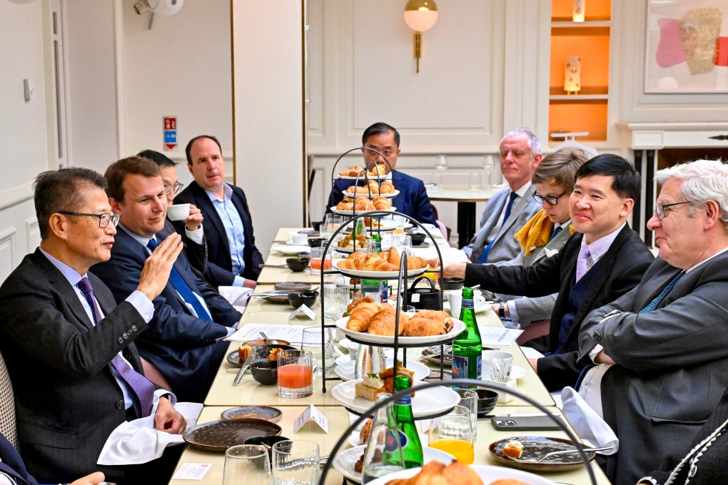 Finance chief Paul Chan (first on left) meets leaders from French financial institutions and business communities. Photo: Handout