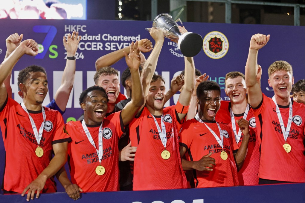 Brighton & Hove Albion celebrate winning the 2024 HKFC Standard Chartered Soccer Sevens. Photo: Jonathan Wong