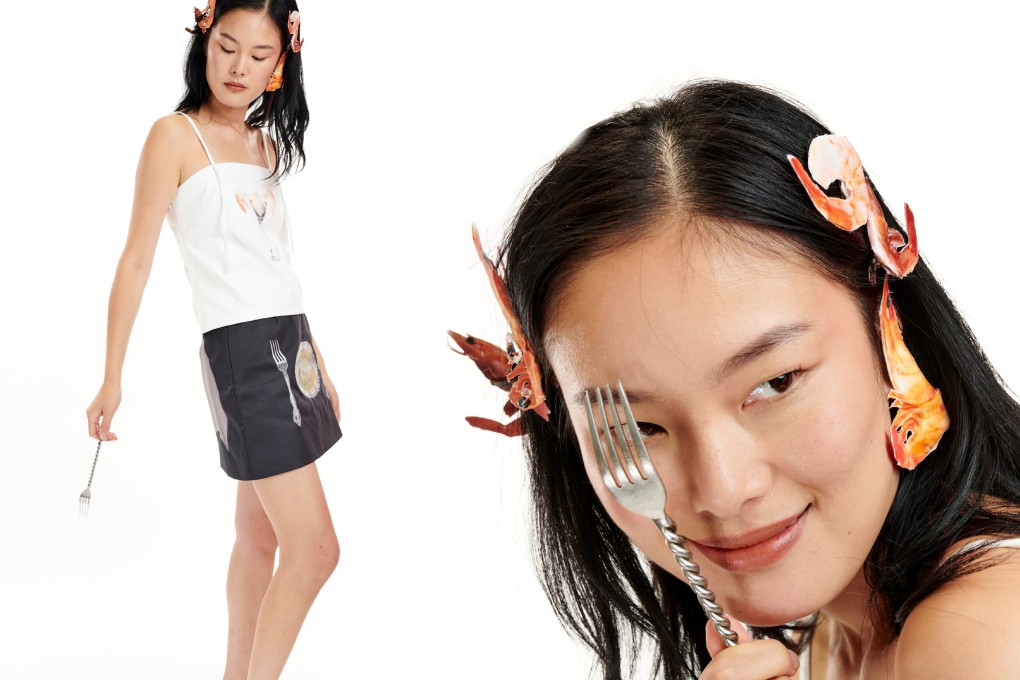 A shrimp cocktail and a whole fish adorn this spring/summer 2024 look from Leeann Huang. The Los Angeles-based Taiwanese-American designer tells the Post how she marries fashion and food, her two passions. Photo: Leeann Huang