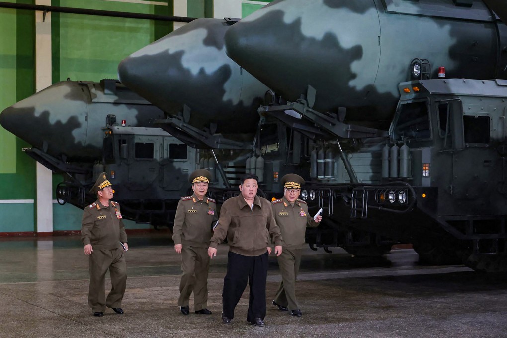 North Korean leader Kim Jong-un visits a defence industrial complex at an undisclosed location in North Korea on May 17. US intelligence has suggested a possible election-year provocation from Pyongyang to “create turmoil … possibly at the urging of Russian President Vladimir Putin”. Photo: AFP/KCNA via KNS