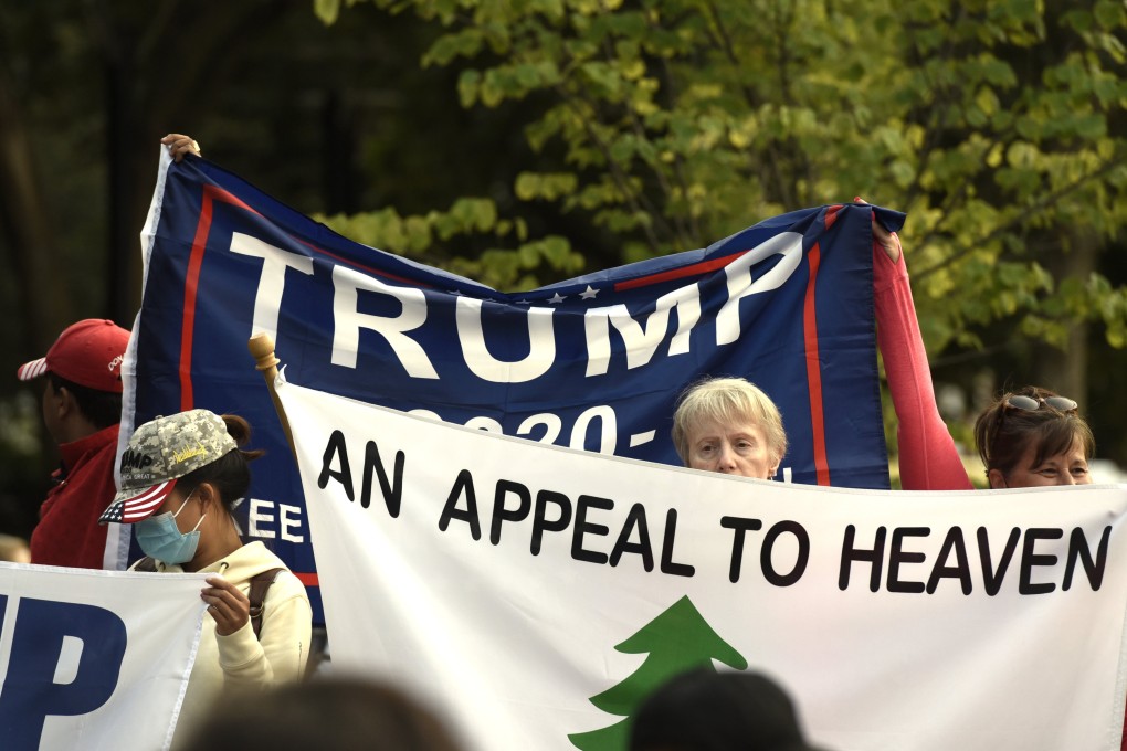 An Appeal To Heaven flag is pictured as Trump supporters gather in Philadelphia in September 2020. Photo: AP