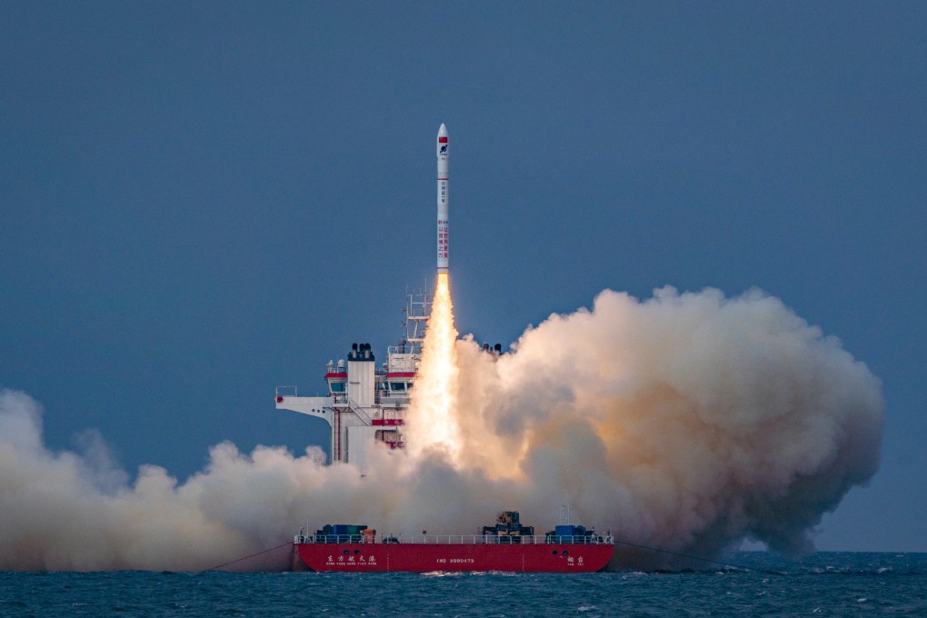 A sea-borne variant of commercial rocket Ceres-1 carrying four satellites blasts off from the waters surrounding the east China’s Shandong Province, on Wednesday afternoon. Photo: Xinhua