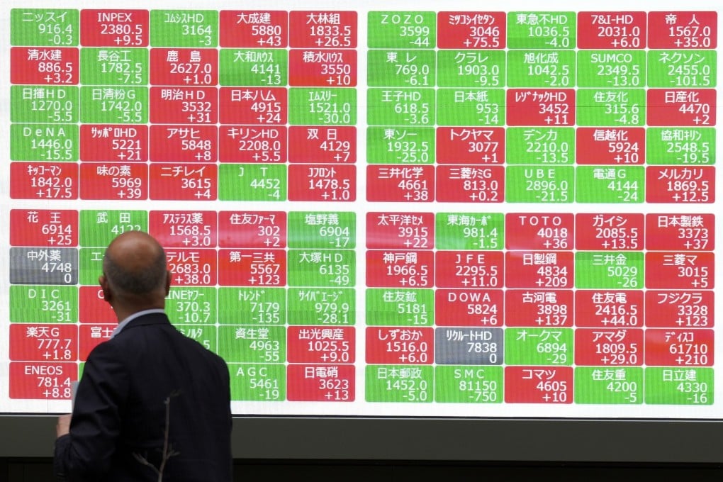 A man looks at an electronic stock board showing Japan’s Nikkei 225 index at a securities firm in Tokyo, on May 27. Photo: AP