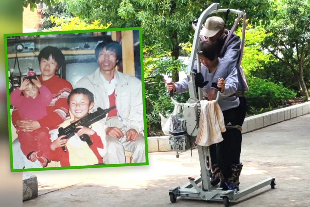 A loving 62-year-old mother in China has carried her paralysed son, 34, on her back for years after devising a training schedule to help him walk again. Photo: SCMP composite/QQ.com