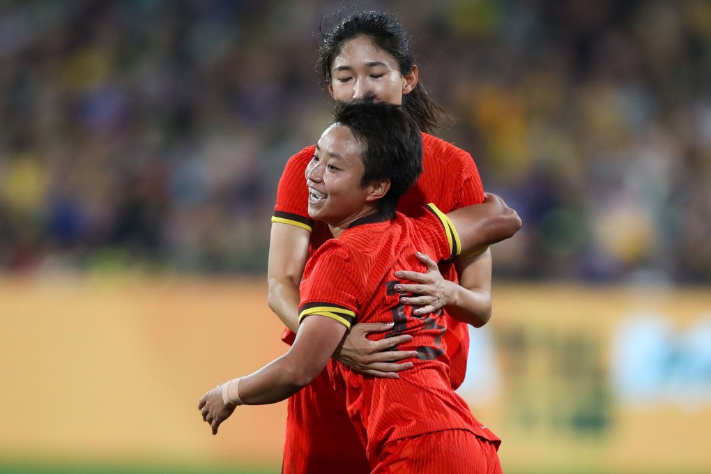 China’s Linyan Zhang celebrates after her goal opened the scoring in the friendly with Australia. Photo: EPA