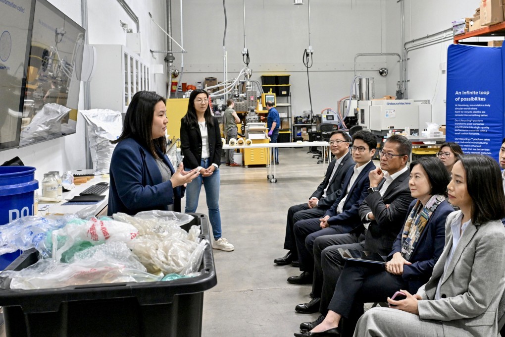 Financial Secretary Paul Chan (third right) and InvestHK’s Director General Alpha Lau (second right) visit a technology company engaged in plastic materials recycling in San Francisco. Photo: SCMP