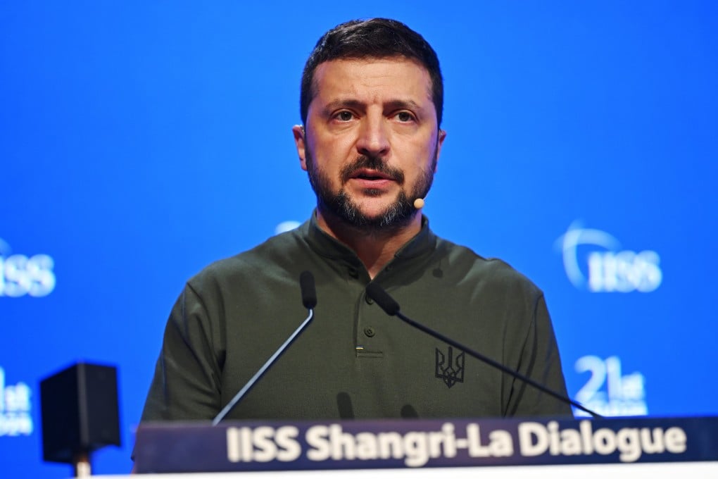 Ukraine’s President Volodymyr Zelensky delivers a speech at the International Institute for Strategic Studies’ Shangri-La Dialogue in Singapore on Sunday. Photo: EPA-EFE