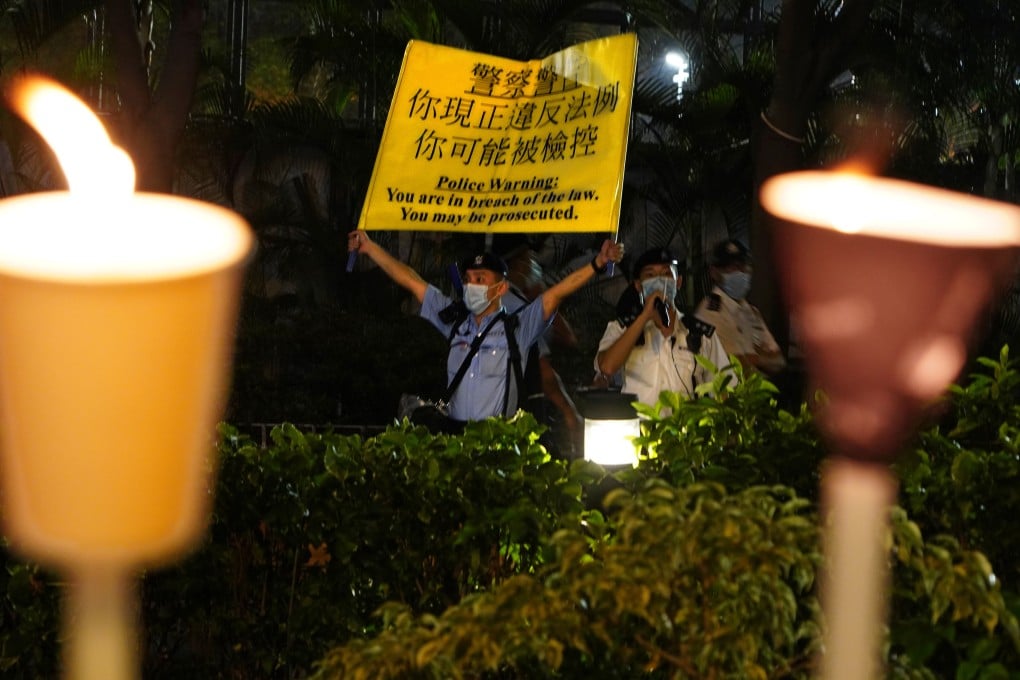 Police officers blockade Causeway Bay’s Victoria Park in 2021 after the Tiananmen Square crackdown commemoration was banned because of the coronavirus risk. Photo: Robert Ng