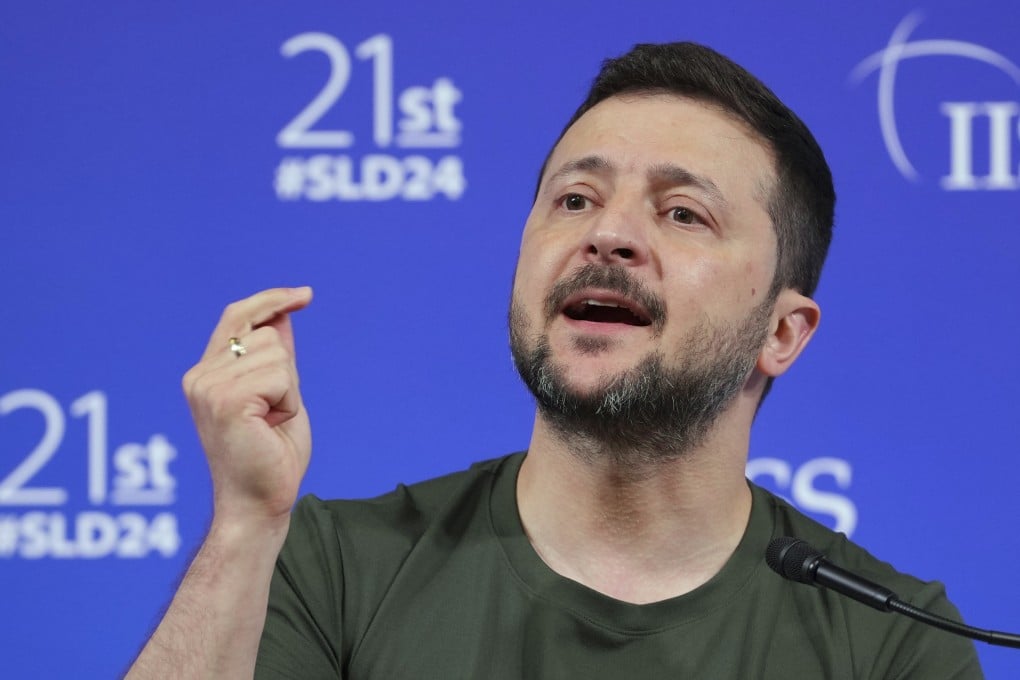 Ukrainian President Volodymyr Zelensky speaks during a press conference after the 21st Shangri-La Dialogue summit in Singapore on Sunday. Photo: AP