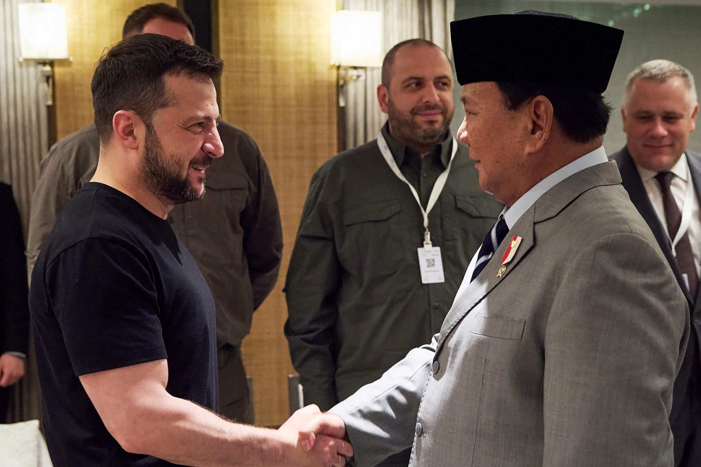 Ukraine’s President Volodymyr Zelensky shakes hands with Indonesia’s president-elect Prabowo Subianto before their talks on the sidelines of the Shangri-La Dialogue in Singapore late on Saturday. Photo: Ukrainian Presidential Press Service Handout/via AFP