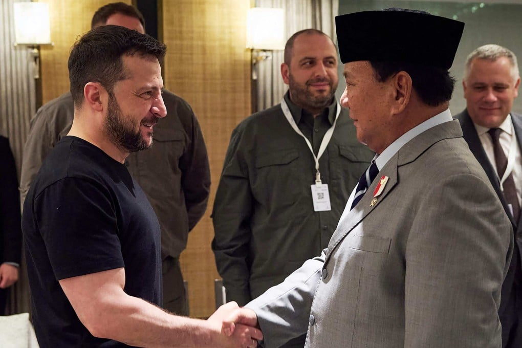 Ukraine’s President Volodymyr Zelensky shakes hands with Indonesia’s president-elect Prabowo Subianto before their talks on the sidelines of the Shangri-La Dialogue in Singapore late on Saturday. Photo: Ukrainian Presidential Press Service Handout/via AFP
