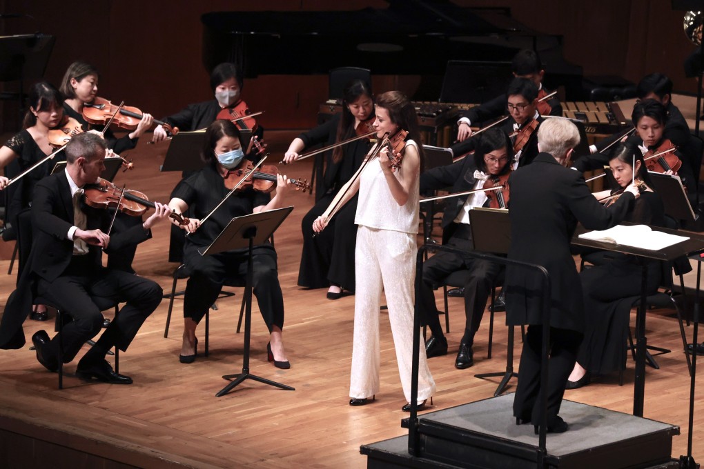 Soloist Liya Petrova performs the Violin Concerto in D minor by Sibelius with the Hong Kong Sinfonietta at the Hong Kong City Hall Concert Hall. The orchestra, under the baton of Catherine Larsen-Maguire, also gave the Asian premieres of two works by British composers. Photo: HK Sinfonietta Ltd