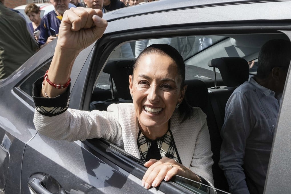 Claudia Sheinbaum leaving a polling station in Mexico City on Sunday. Photo: AP