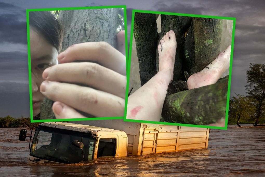 A tourist from China has shown remarkable resilience to survive deadly floods which swept away her tented accommodation in Kenya, by spending the night up a tree in her underwear. Photo: SCMP composite/AFP/Weibo