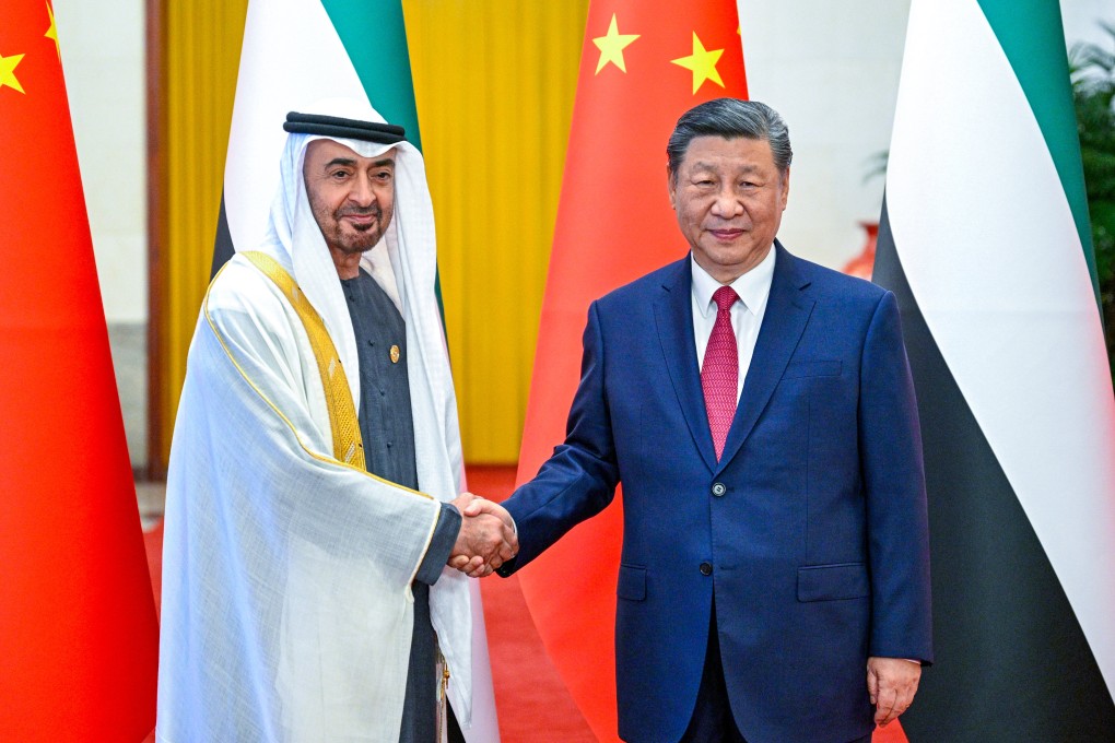 The UAE’s President Sheikh Mohamed bin Zayed Al Nahyan (left) and his Chinese counterpart Xi Jinping in Beijing on Thursday. Photo: Xinhua