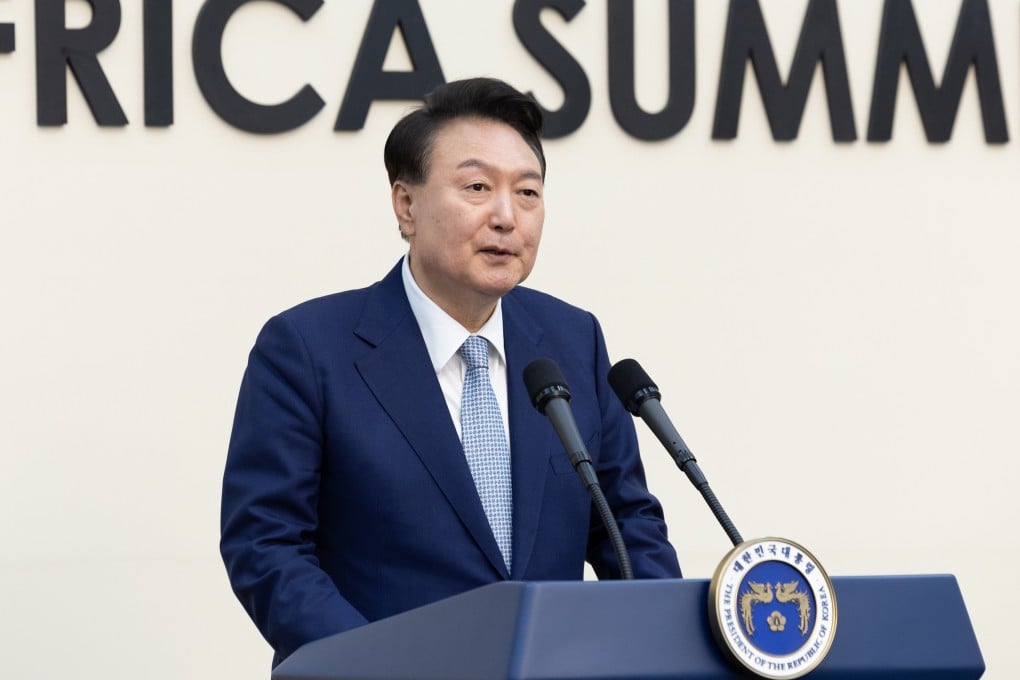 South Korean President Yoon Suk-yeol delivers a speech at the 2024 Korea-Africa Summit in Seoul on Tuesday. EPA-EFE/Presidential Office/Handout