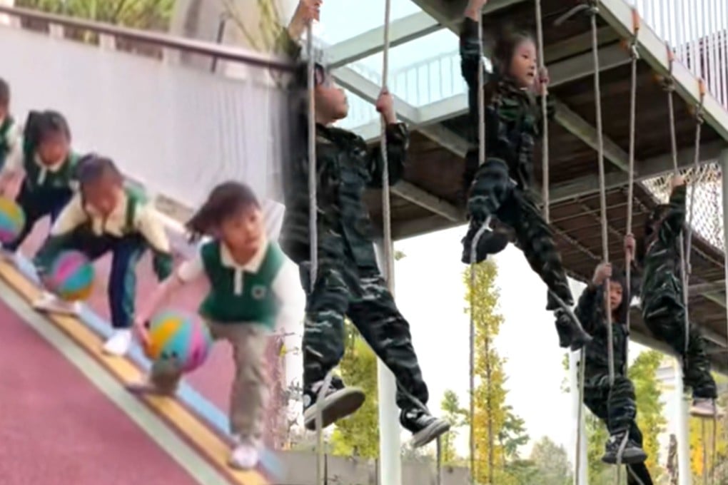 Viral videos of children at “military-style” kindergartens in China are attracting millions of online views internationally. Photo: SCMP composite/TikTok/QQ.com