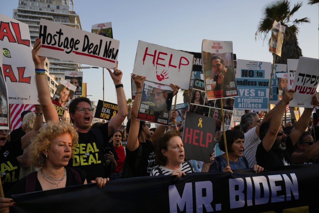 Protesters outside in Tel Aviv, Israel, calling for the release of hostages from Hamas captivity. Photo: AP