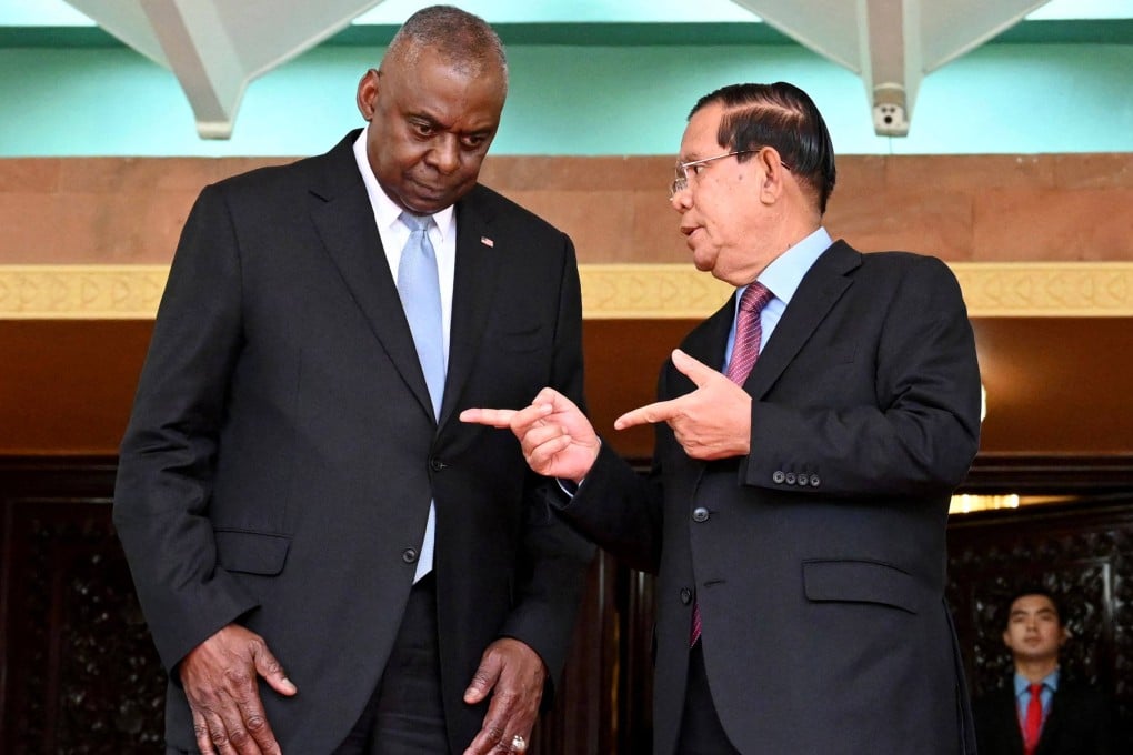 US Defence Secretary Lloyd Austin listens to Cambodia’s Senate President Hun Sen during a meeting in Phnom Penh on Tuesday. Photo: Cambodia Senate/Handout via AFP