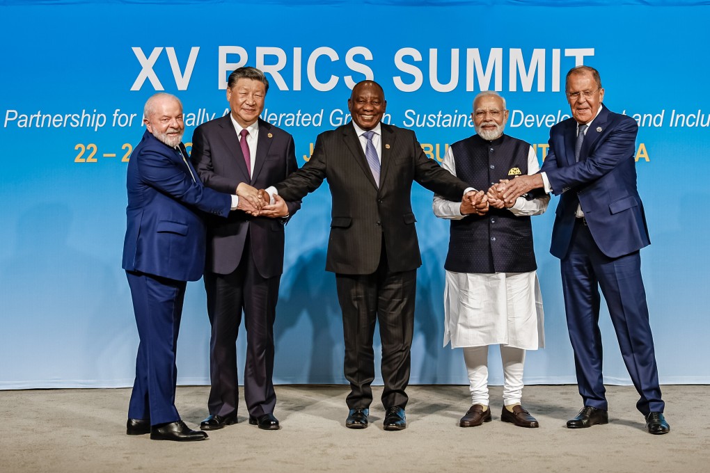 From the left, Brazil’s President Luiz Inacio Lula da Silva, China’s President Xi Jinping, South African President Cyril Ramaphosa, Indian Prime Minister Narendra Modi and Russia’s Foreign Minister Sergei Lavrov attend the last Brics summit in Johannesburg on August 23. Photo: dpa