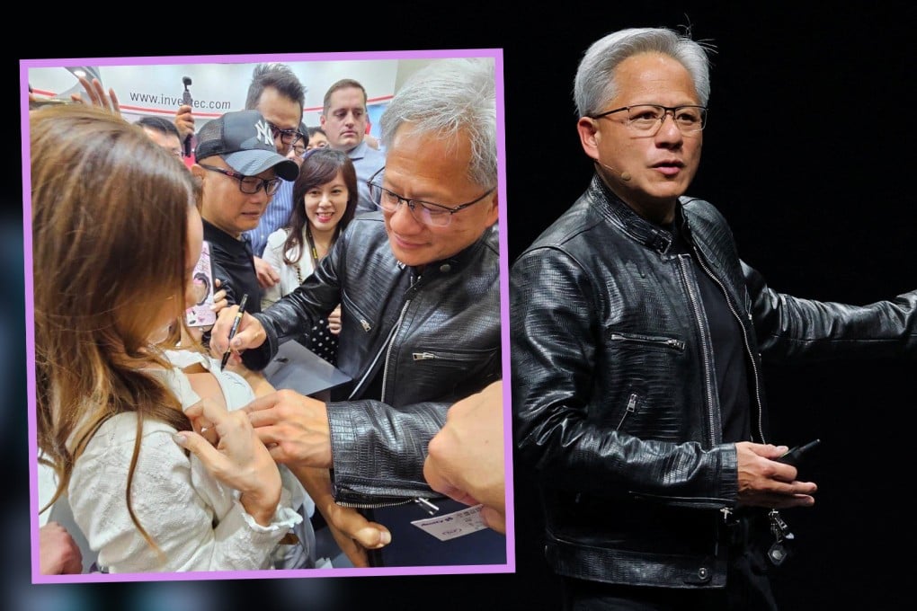 High-profile Nvidia CEO Jensen Huang has sparked an online and media frenzy by signing his name on the tight-fitting top of a woman at a tech expo in Taiwan. Photo: SCMP composite/X.com/Reuters
