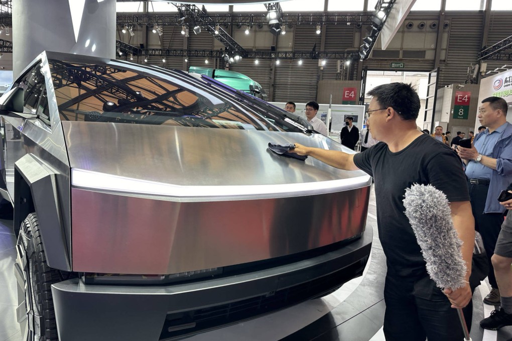 A Tesla Cybertruck EV on display at the Carbon Neutrality Expo in Shanghai on June 6, 2024. Photo: Daniel Ren