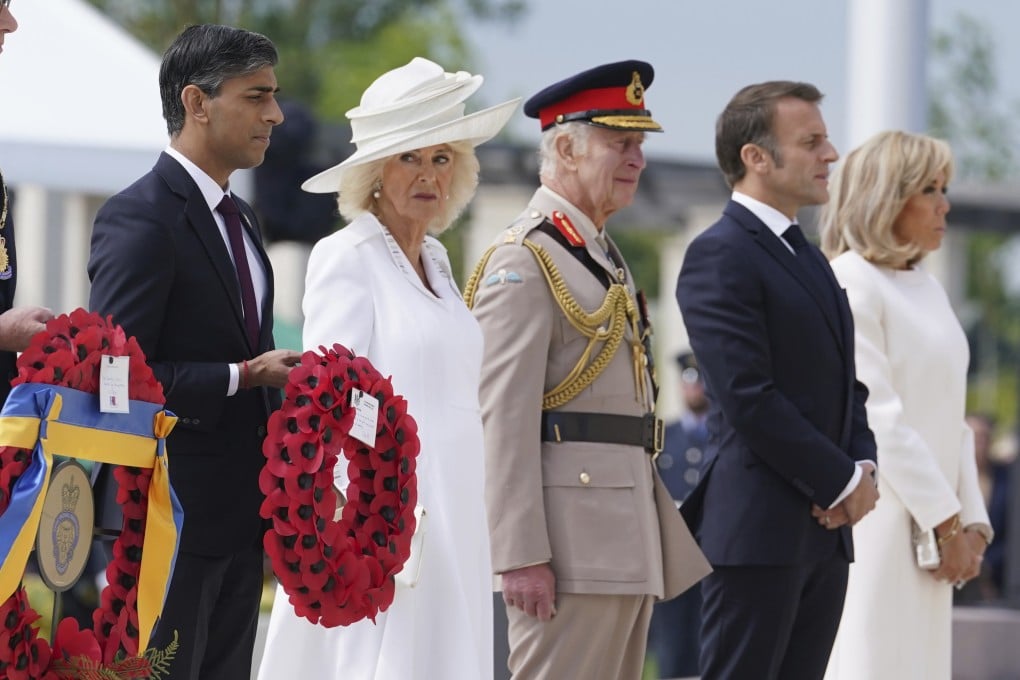 UK Prime Minister Rishi Sunak, Queen Camilla, King Charles III, President of France Emmanuel Macron and Brigitte Macron during the wreath laying at the UK national commemorative event for the 80th anniversary of D-Day. Photo: Pool/AP