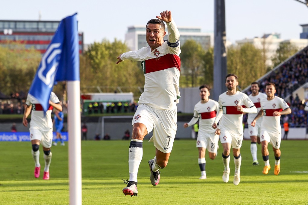 Cristiano Ronaldo celebrates one of his 128 international goals after scoring in a Euro 2024 qualifier against Iceland last June. Photo: EPA-EFE