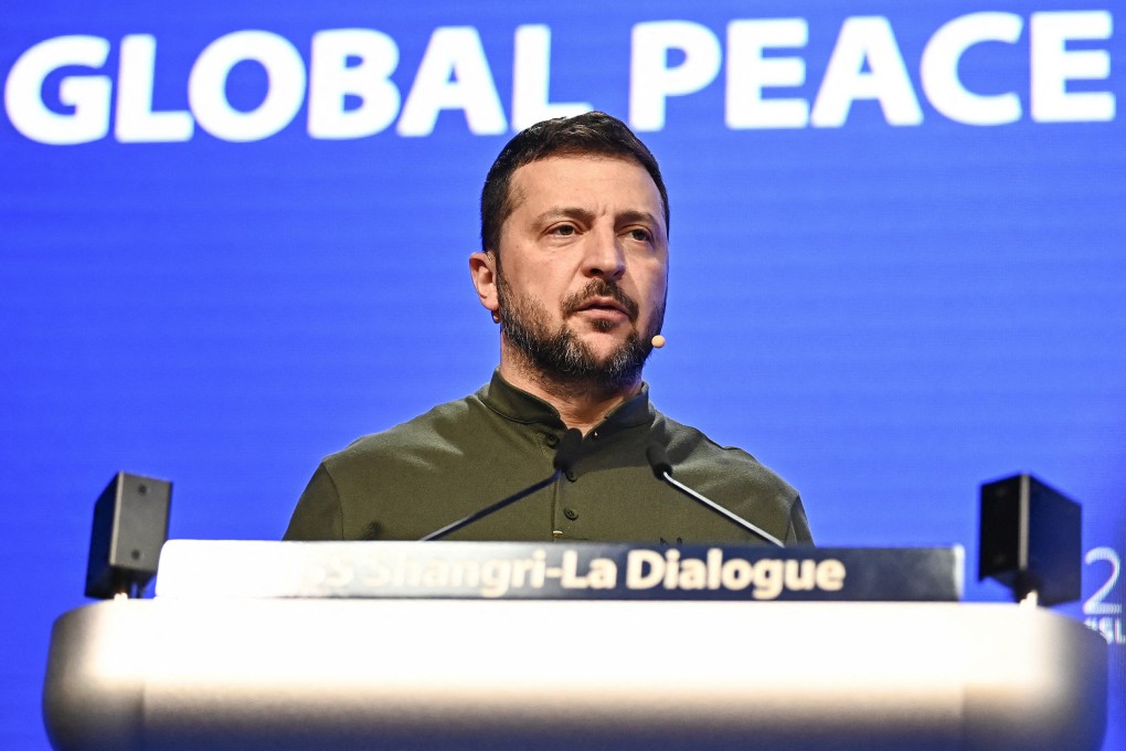 Ukraine’s President Volodymyr Zelensky speaks at the Shangri-La Dialogue in Singapore on June 2. Photo: TNS