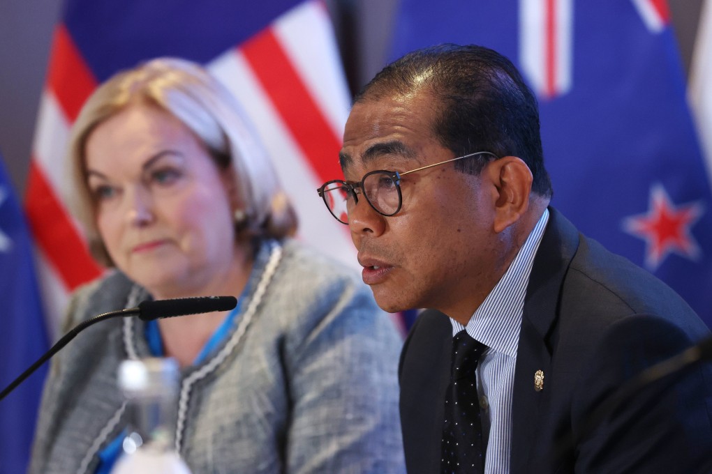 Malaysian Defence Minister Mohamed Khaled Nordin (right) speaks to reporters as New Zealand Defence Minister Judith Collins looks on during a press conference on May 31. Photo: EPA-EFE
