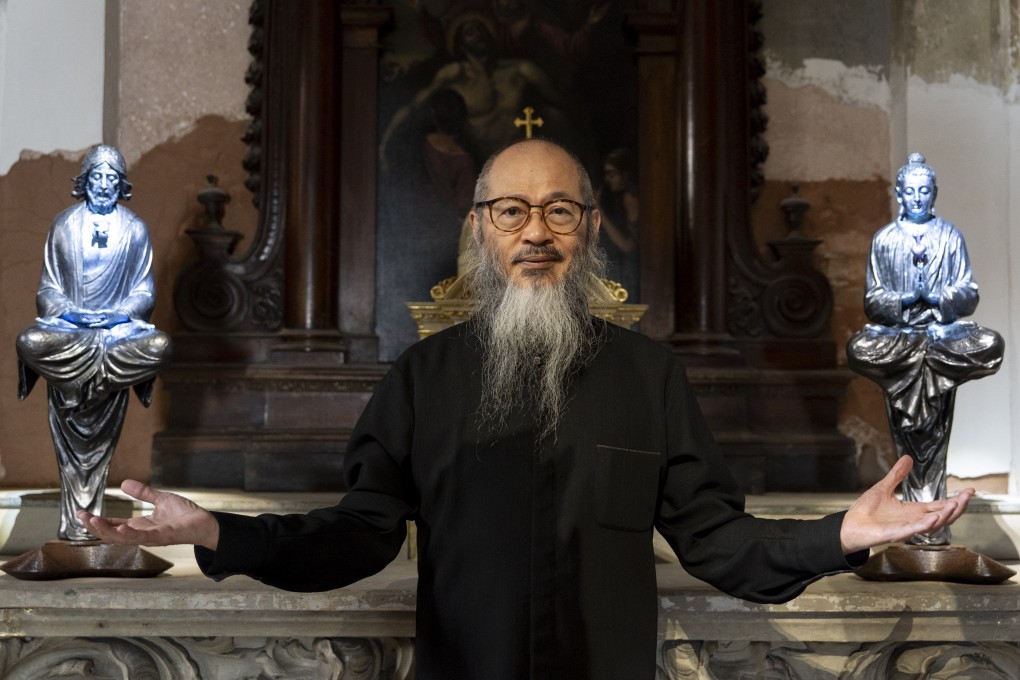 In Wallace Chan’s Transcendence, on show in Venice, suspended sculptures are joined by two smaller ones on an altar: of Jesus and of Buddha, with their heads swapped. Photo: Federico Sutera