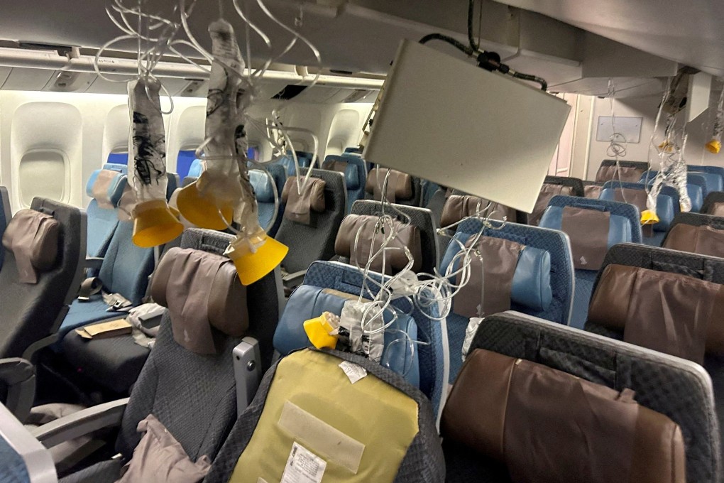 The interior of the turbulence-hit Singapore Airlines jet that made an emergency landing at Bangkok’s Suvarnabhumi International Airport on May 21. Photo: Reuters