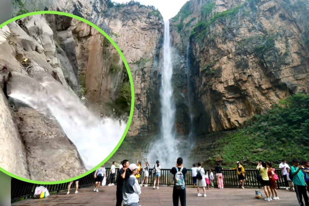 A video has exposed China’s “natural” wonder, the Yuntai Mountain Waterfall, as partially man-made. Photo: SCMP composite/Weibo/Douyin