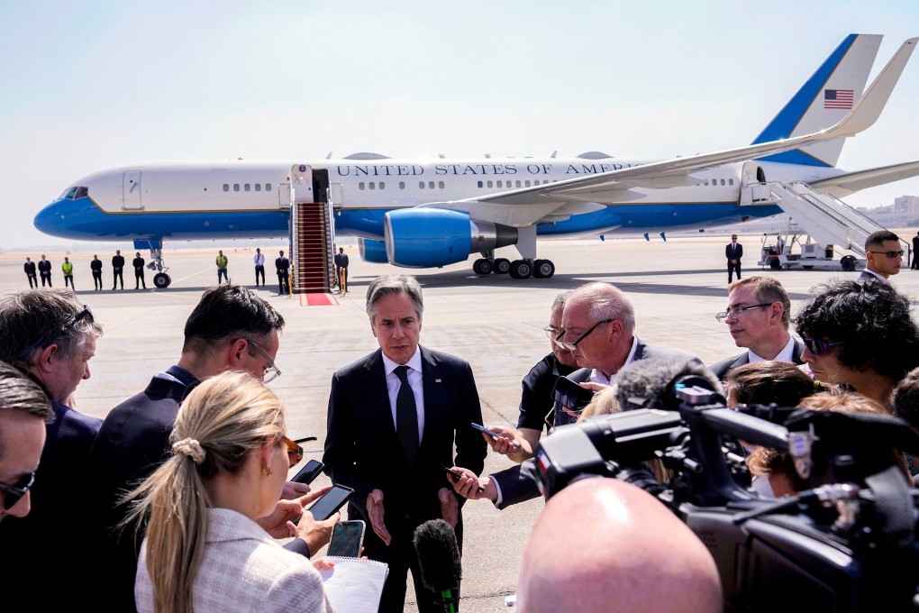 US Secretary of State Antony Blinken speaks to reporters at Cairo airport. Photo: AFP