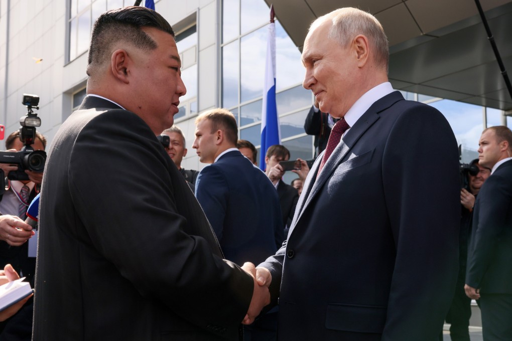 Russian President Vladimir Putin greets North Korean leader Kim Jong-un during a visit to Russia’s Vostochny cosmodrome in September last year. Photo: EPA-EFE