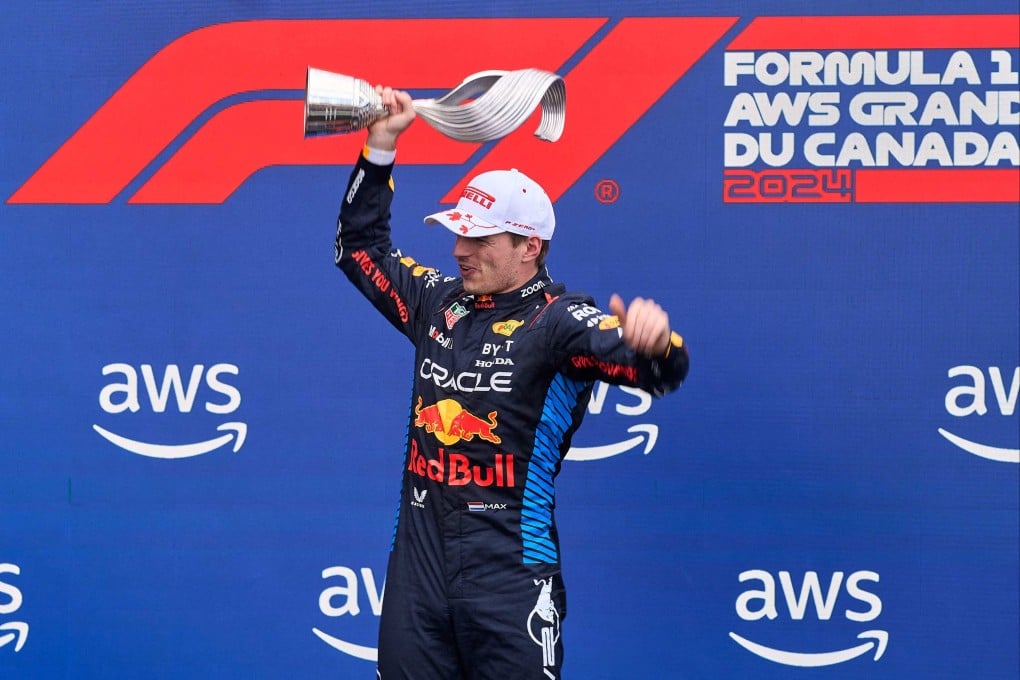Red Bull’s Max Verstappen celebrates after finish in first place at the Montreal Grand Prix on Sunday. Photo: AFP