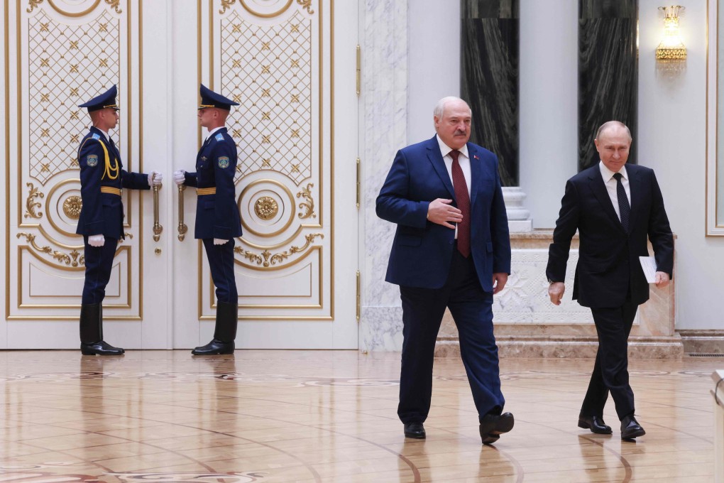 Russia’s President Vladimir Putin (right) and Belarusian President Alexander Lukashenko at the Independence Palace in Minsk on May 24. Photo: AFP