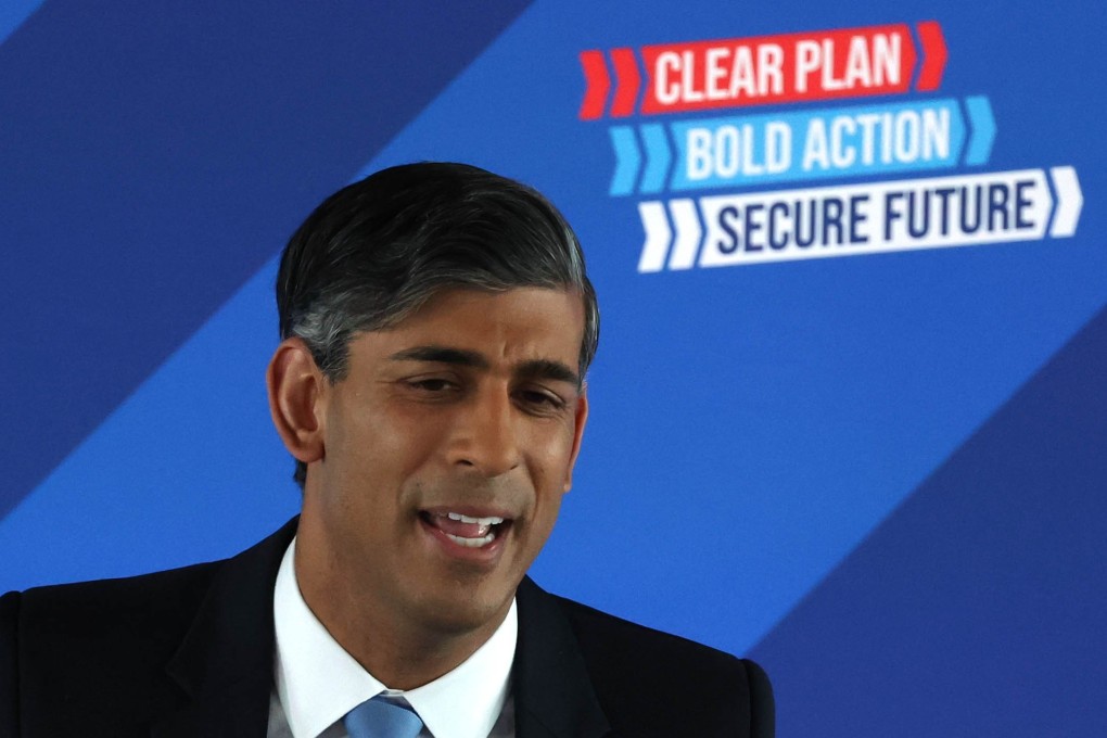 Conservative Party leader Britain’s Prime Minister Rishi Sunak delivers the party’s election manifesto on Tuesday. Photo: EPA-EFE