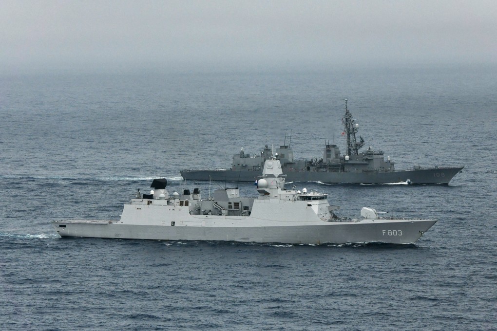 The HNLMS Tromp (foreground) is pictured in a joint exercise with a Japanese destroyer on Tuesday. Photo: Japan Maritime Self-Defence Force