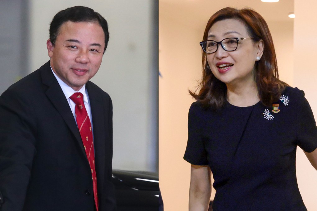 HKU’s president Xiang Zhang and governing council chairwoman Priscilla Wong are at the centre of the university’s leadership row. Photo: SCMP