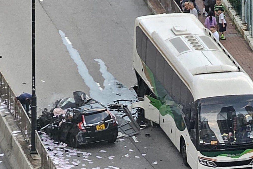 The wreckage of a car after it and a tour bus were in collision near Kwai Chung Sports Ground. Photo: Handout