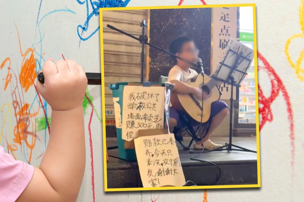 A mother and father in China have been praised online after they made their son, who daubed doodles on a school wall, busk in the street to raise cash to pay for the damage he caused. Photo: SCMP composite/Shutterstock/Douyin