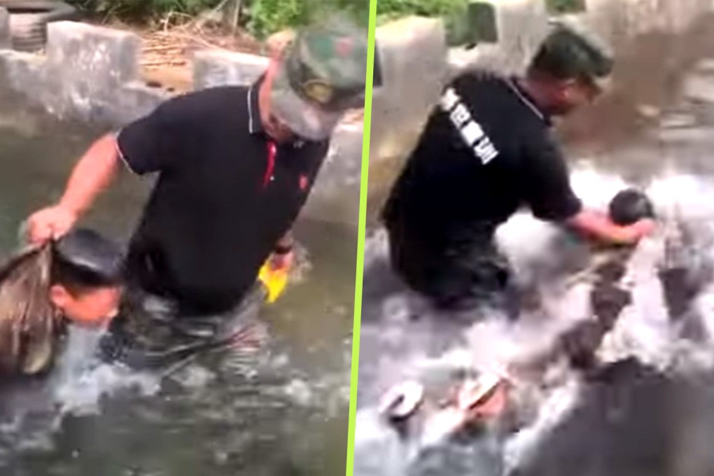 A video surfaced showing an instructor in China forcefully grabbing a boy and repeatedly pushing his head into the water, he claimed this method helps the child conquer inhibitions. Photo: SCMP composite/X.com