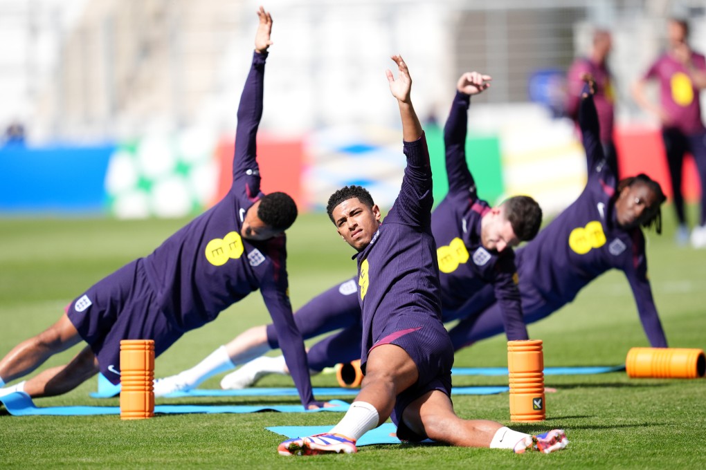 Jude Bellingham (centre) training with his England teammates at the Ernst-Abbe-Sportfeld in Jena as part of their preparations for Euro 2024. Photo: dpa