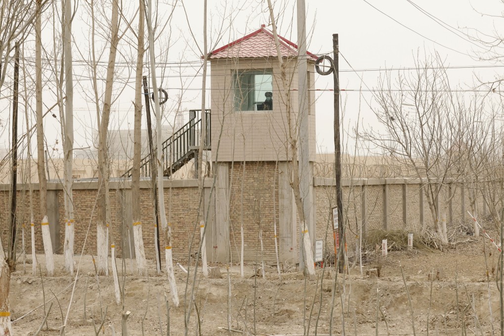A guard tower is seen at a detention facility in Xinjiang in March 2021. Photo: AP